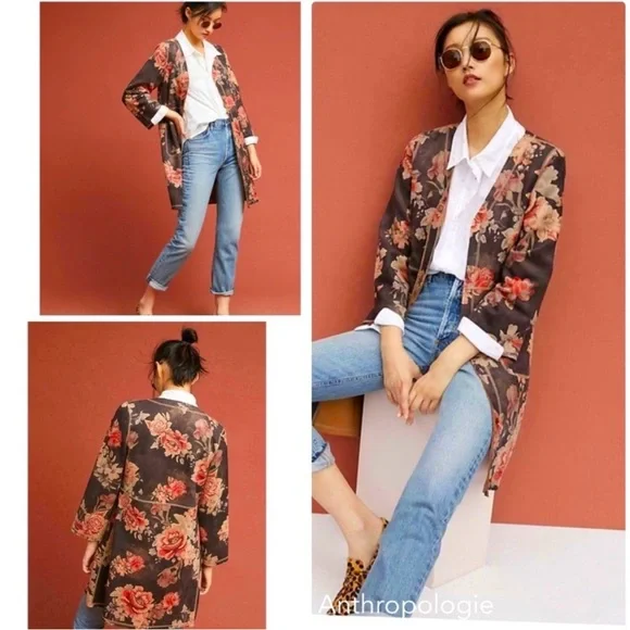 Anthropologie Solitaire Faux Suede Jacket statement piece cherry red floral - Picture 9 of 13